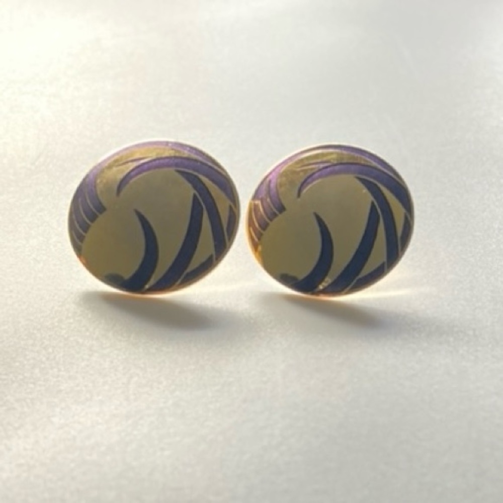 VINTAGE unique round gold purple earrings designed and signed by Nuri